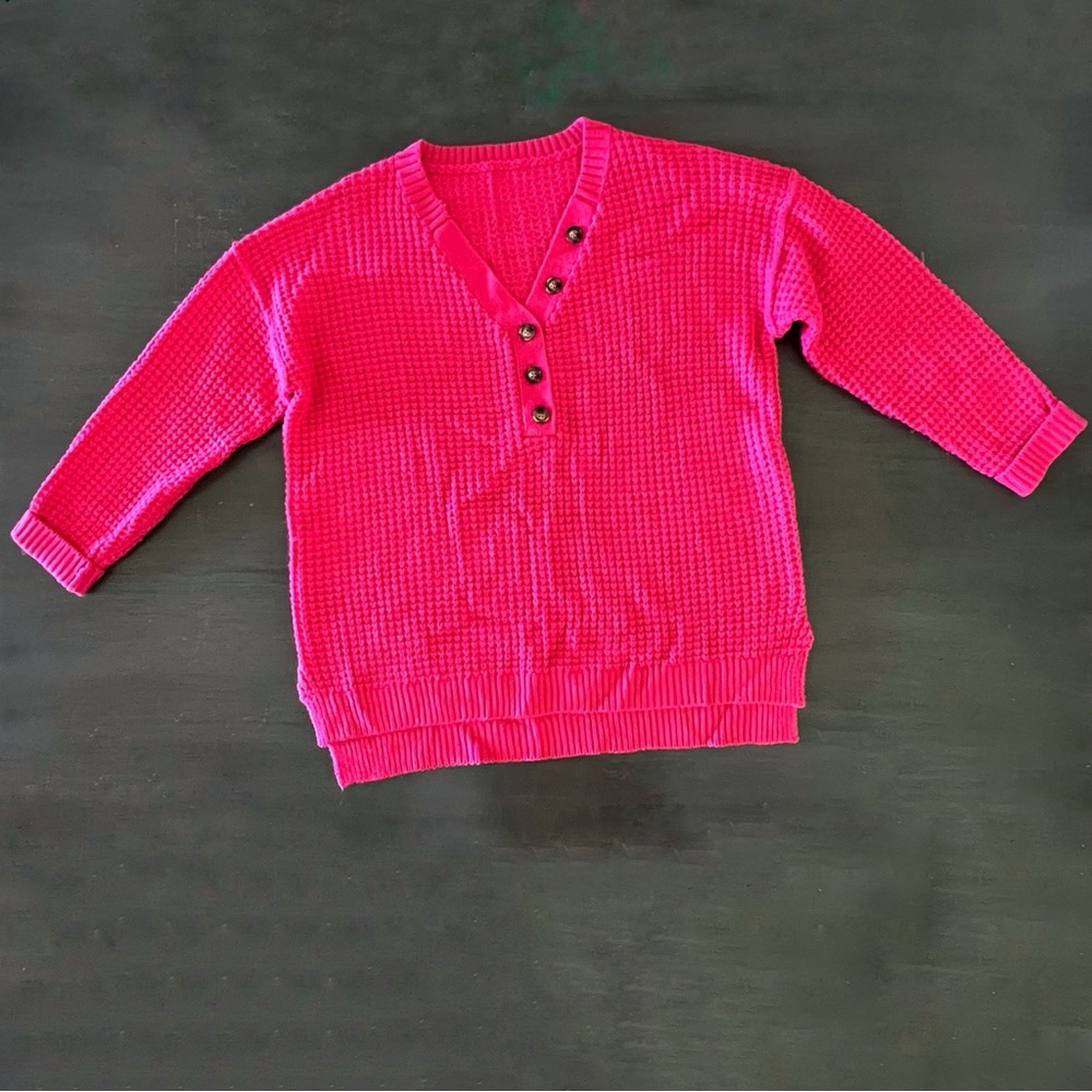 NEW Hot Pink Henley Waffle Texture Soft Comfy
Oversized Fit Knit Sweater XXL - Picture 2 of 4